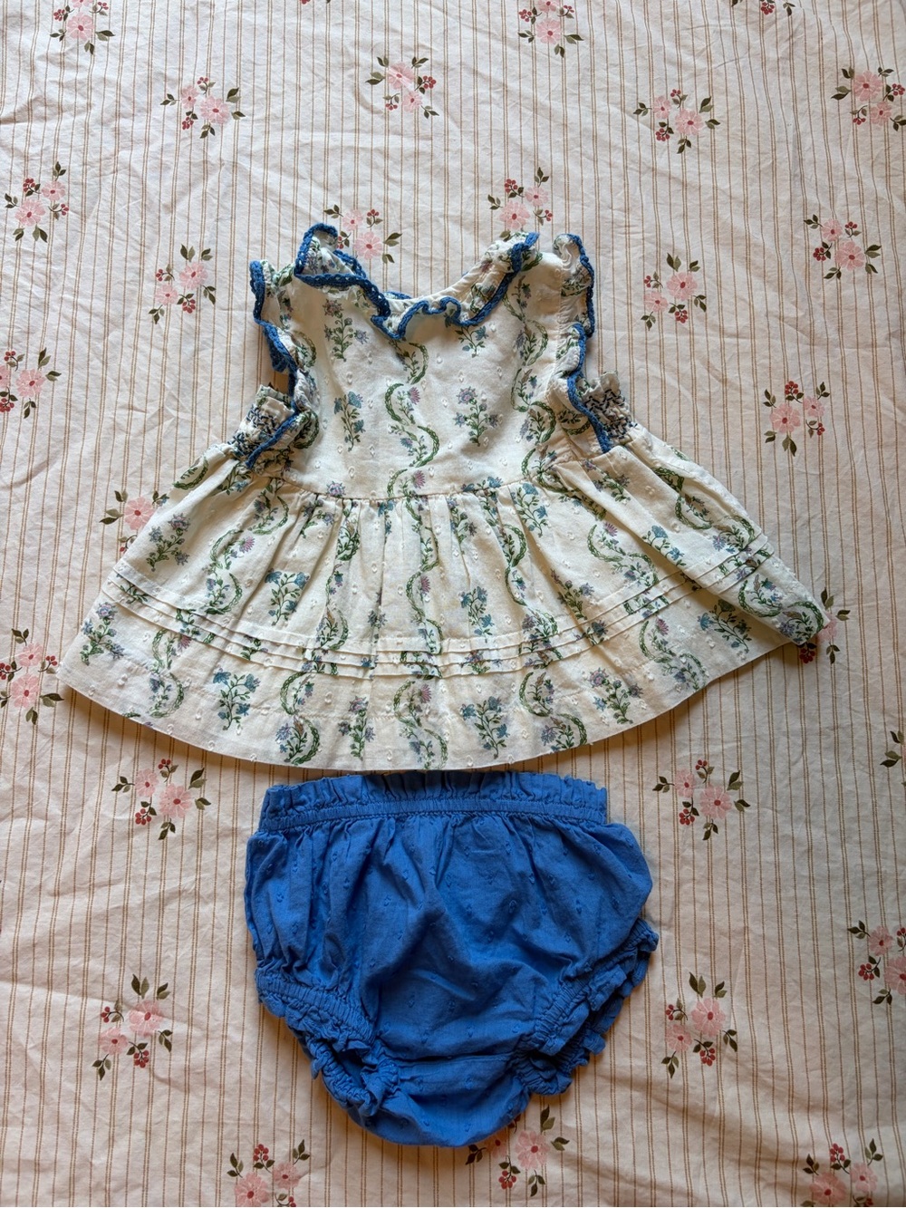 LALI Floral Baby Dress with Blue Trim (12M)